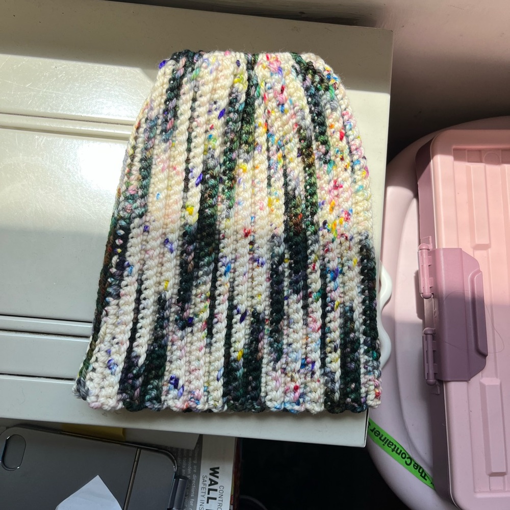 Handmade Crochet ponytail hat. Colorful and perfect for any weather!